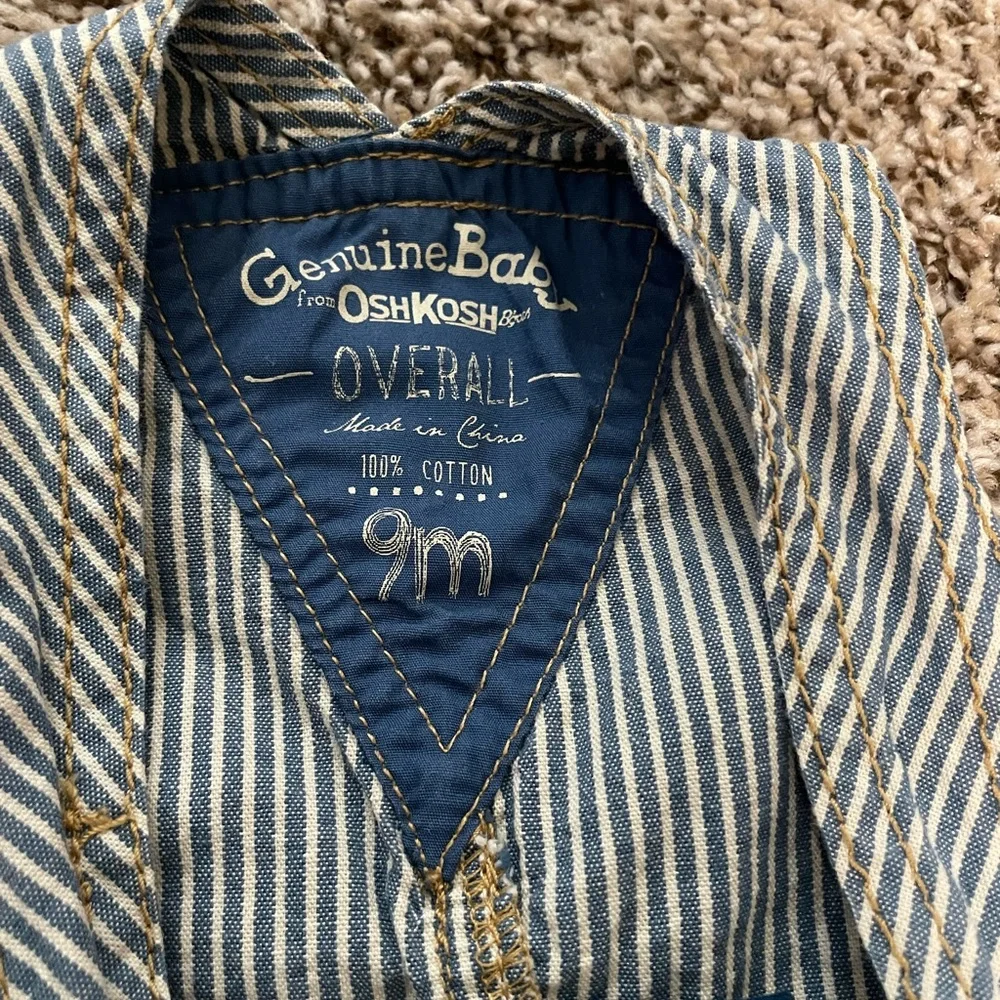 OshKosh B'gosh Blue & White Striped Overalls and 2 Shirts 1 plaid lg sleeves 9 M